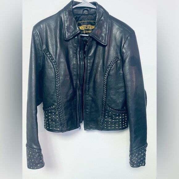 VINTAGE UNIK 100% Genuine Leather Motorcycle Heavy Jacket with Studded Detail - Picture 2 of 10